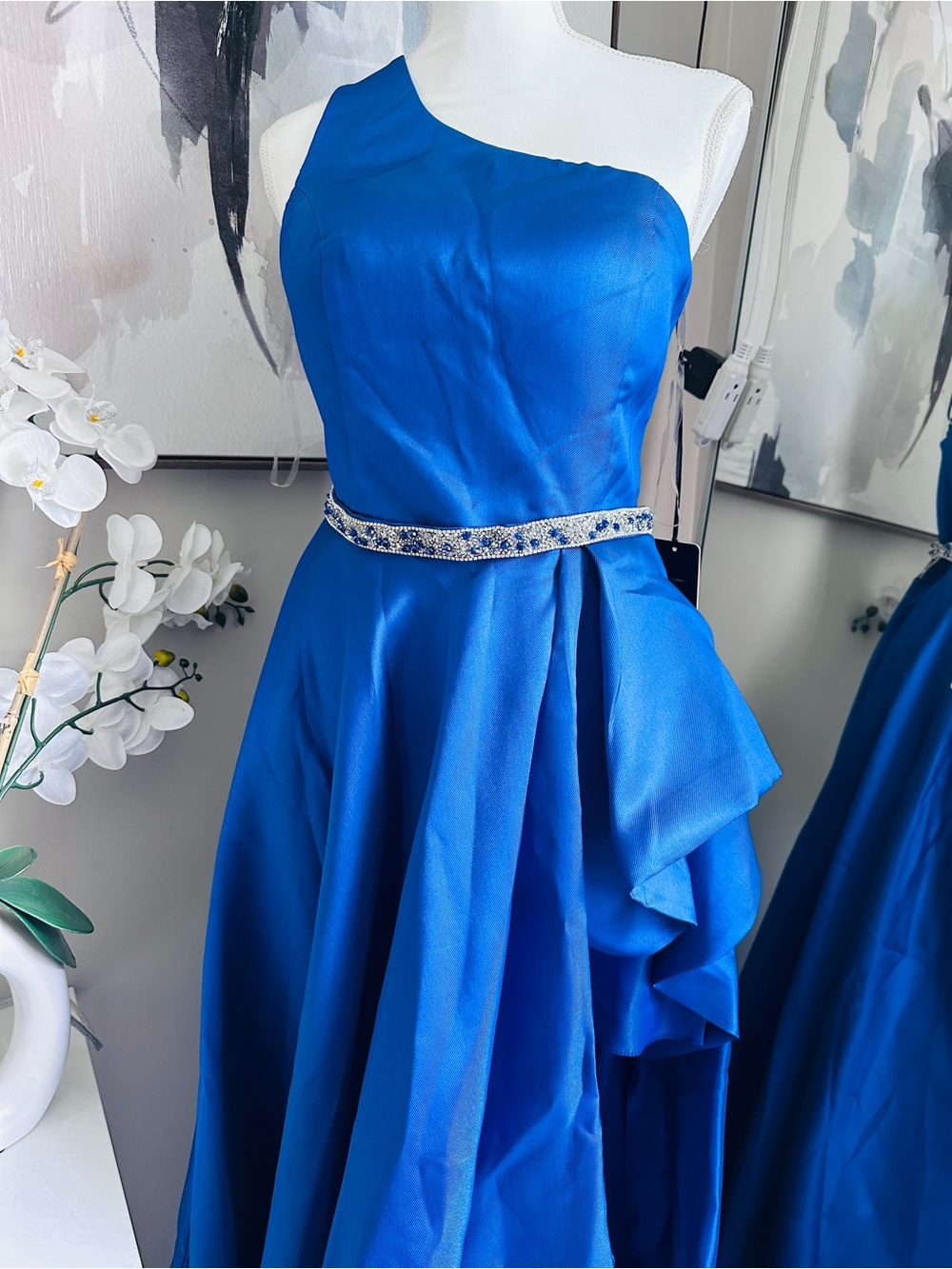Asymmetrical One-Shoulder Evening Gown in Cobalt Blue with Embellished Waist